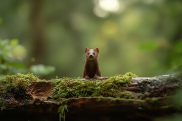 Obraz premium Weasel on mossy log in serene forest setting