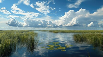 Obraz premium Lush Florida Nature Preserve: Exploring Everglades Beauty with Blue Skies and Scenic Boardwalks
