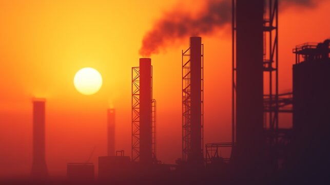 Industrial smokestacks against a vibrant sunset energy production urban landscape silhouette view atmosphere