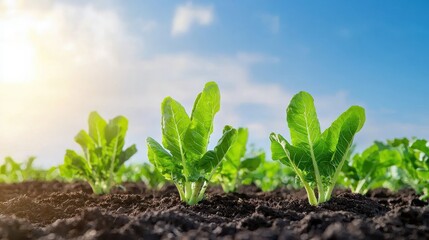 Fresh Green Lettuce Plants Growing in Healthy Soil Under a Bright Blue Sky with Sunlight, Representing Sustainable Agriculture and Healthy Food Choices in Modern Farming