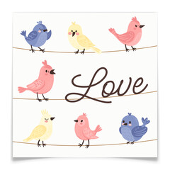 Birds in Love Sitting on Wire Valentine Card.