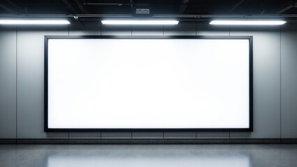 Empty advertising space in a subway station, featuring a white billboard for customized posters and promotions.