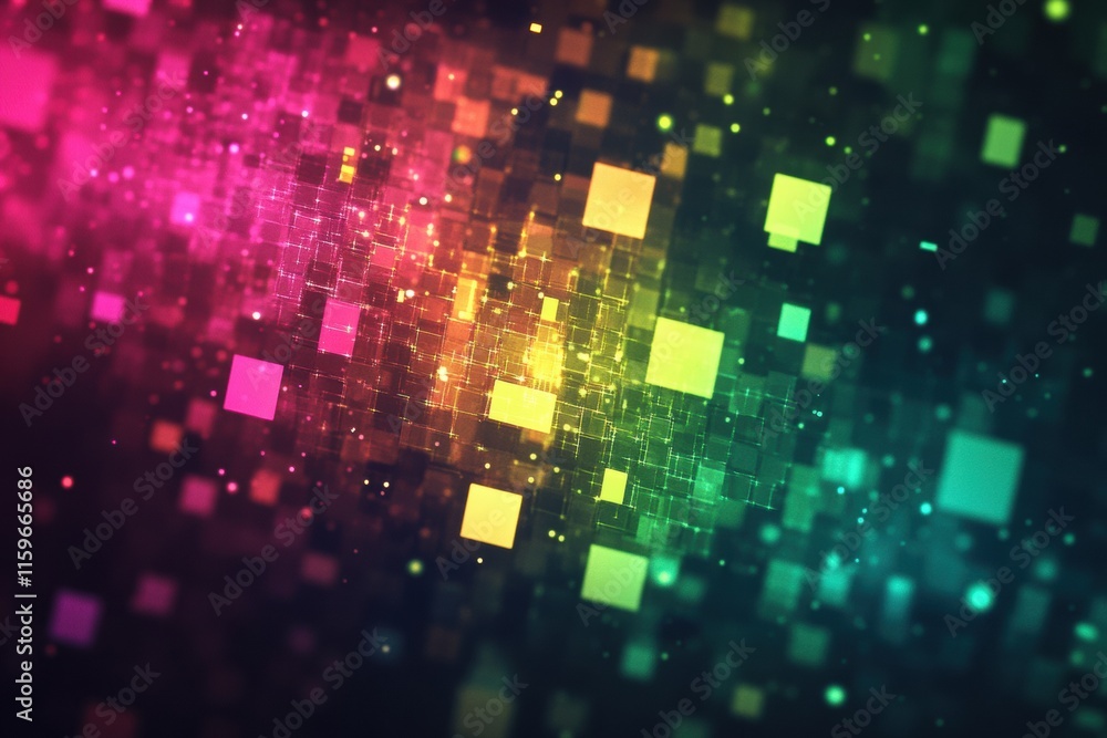 Poster Vibrant glowing mosaic with pixelated elements creating a dynamic abstract background. Generative AI