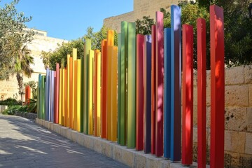 Obraz premium Vibrant Row of Multi-Colored Metal Fences in a Playful Park Setting in Malta