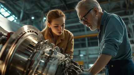 A young female engineer and her older male mentor collaborate, meticulously examining a complex jet engine component within a large industrial hangar.
