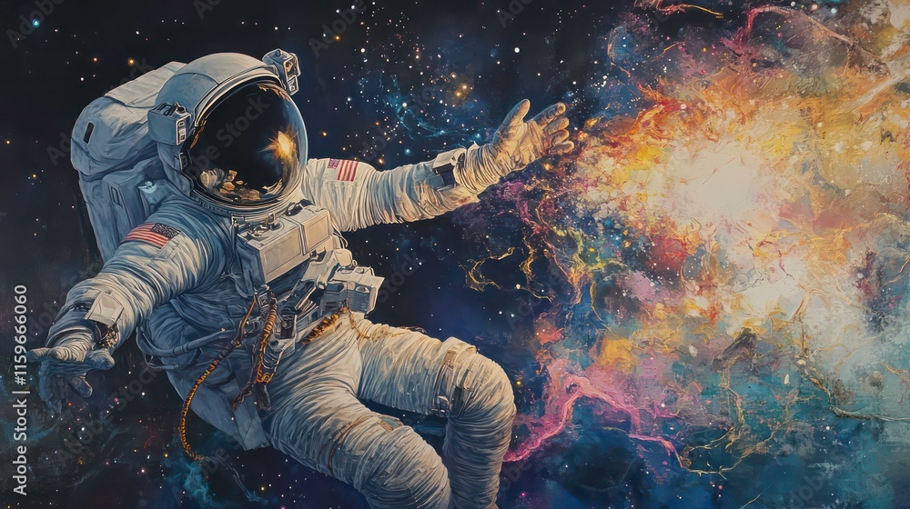 Poster astronaut floats in space, interacting with colorful nebula.