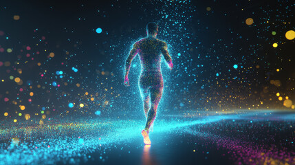 Obraz premium Hologram running. Running for health. Flickering energy flux of particles. The scientific design of the sport.