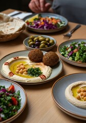 An assortment of Middle Eastern dishes is elegantly arranged on a wooden table. The spread includes falafel, hummus drizzled with olive oil and chickpeas, pita bread, olives, and fresh salads.