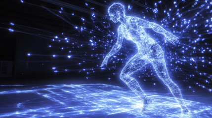 Hologram running. Running for health. Flickering energy flux of particles. The scientific design of the sport.