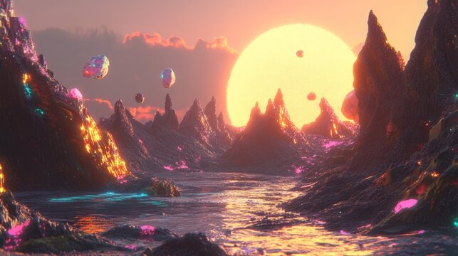 1980s-inspired retro-futuristic background. Modern digital surface brings retro landscape to life. Design elements for a retro music album cover: sun, space, and mountains. A summer landscape - Powered by Adobe