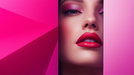 Fototapeta premium Closeup of a womans face with vibrant pink eyeshadow and bold red lipstick. Her face is partially framed by pink geometric shapes, creating a striking contrast and highlighting the makeup.