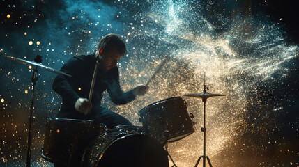 Obraz premium The drummer of the particles. From drummer tears off part of the wind.