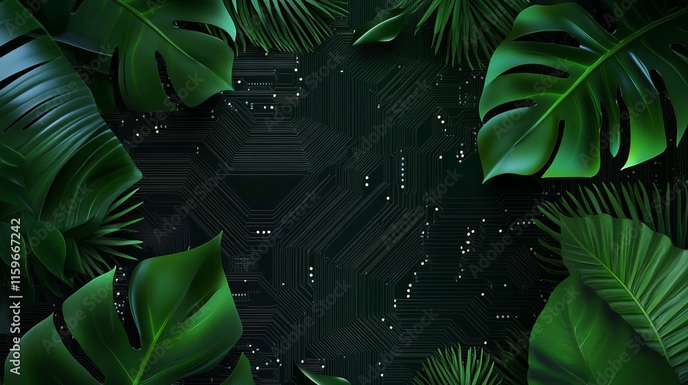 Poster concept of green technology with natureinspired digital innovation computer circuit board fused with