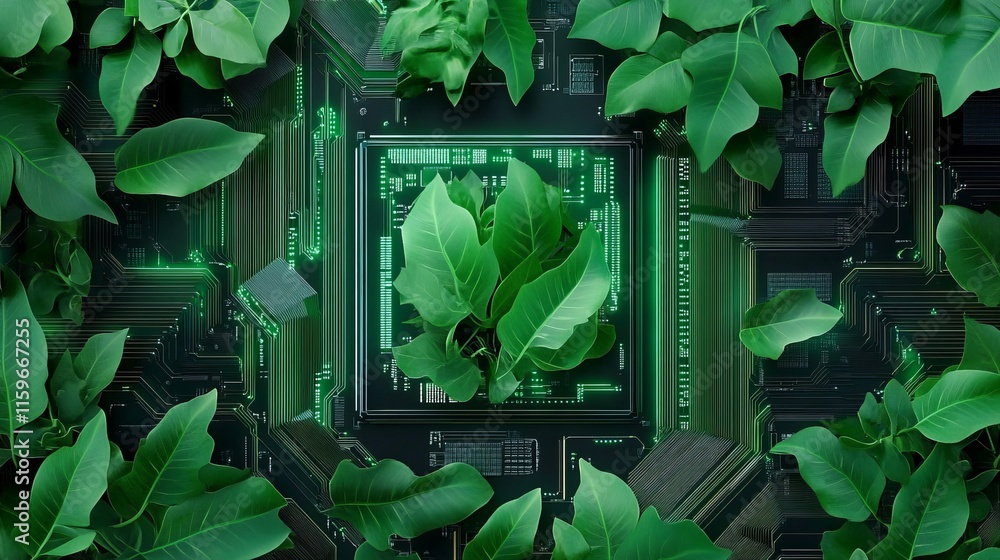 Poster concept of green technology with natureinspired digital innovation computer circuit board fused with