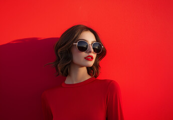 A stylish woman with short brown hair, wearing red dress and sunglasses, poses against a vibrant red backdrop. Her red lipstick complements the bold color scheme.