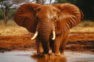 African bull elephant at sunset in savanna watering hole