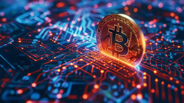 Bitcoin crypto coin half on glowing blue circuit board. BTC cryptocurrency mining, zoom out.