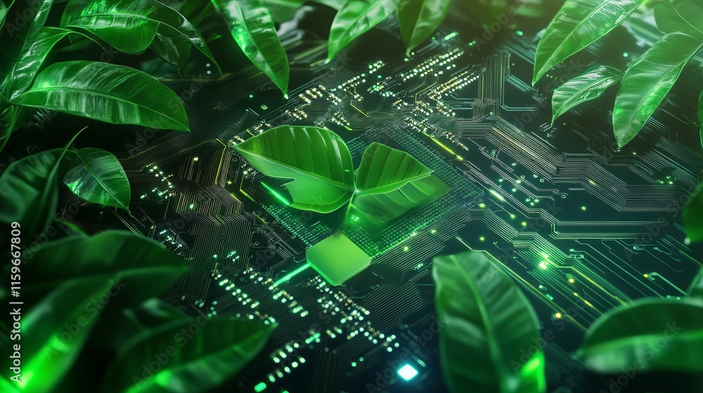 Poster concept of green technology with natureinspired digital innovation computer circuit board fused with