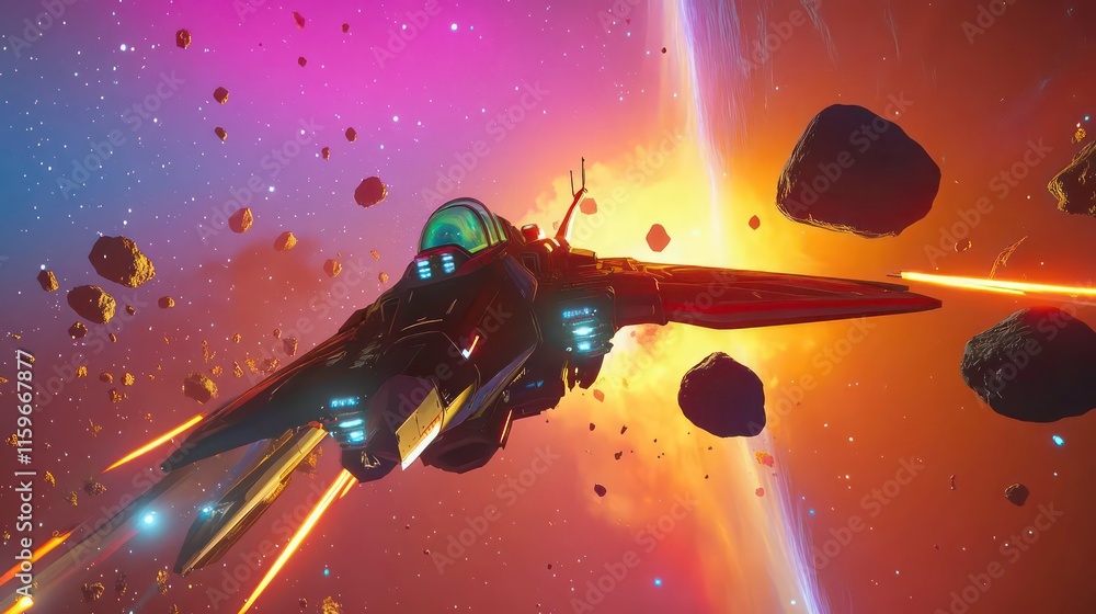 Poster spaceship flying through asteroid field near a star.