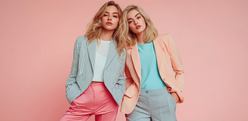 Two blonde women in matching pastel pink and blue blazers and pants pose against a pink background. They are stylish and fashionable.