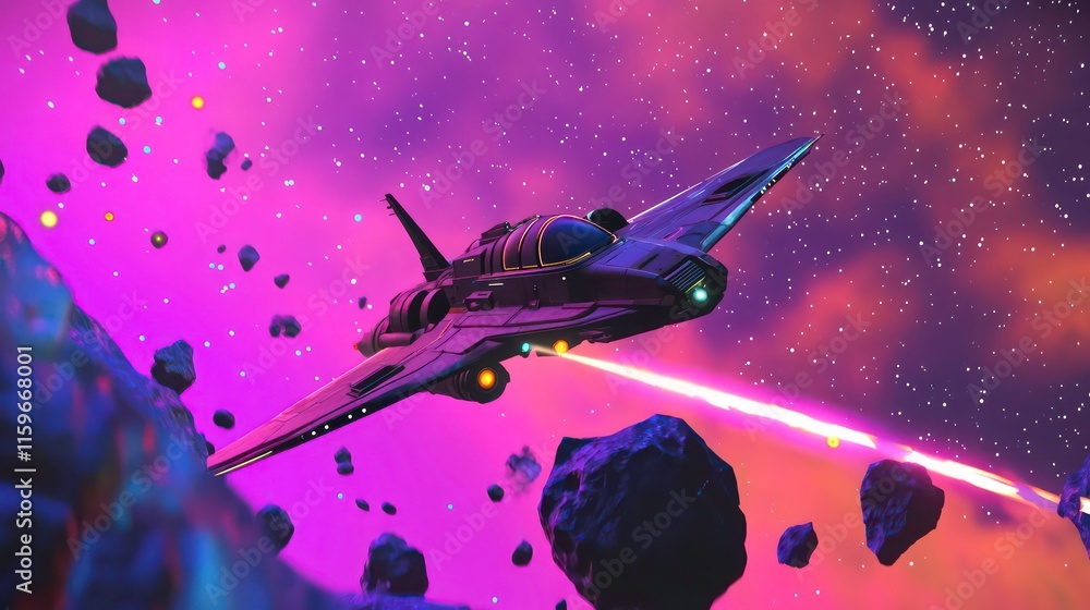 Poster spaceship flying through a vibrant nebula field amidst asteroid rocks, leaving a glowing trail.