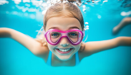 Naklejka premium A smiling girl with pink swimming goggles enjoys an underwater view in a bright blue pool. Summer fun and carefree underwater adventure.