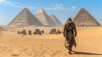 Scary mummy in Egypt desert with ancient pyramids. Vector cartoon illustration of egyptian desert landscape with sand dunes, ancient tombs and spooky walking zombie in bandages