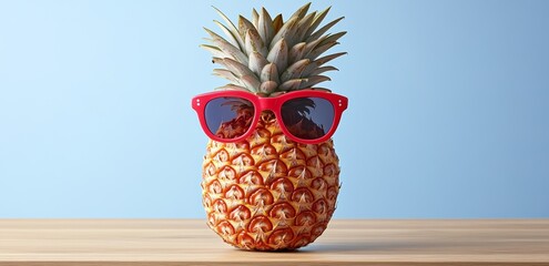 The pineapple, framed by sunglasses, sitting on a wooden background, evokes a minimalist and imaginative summer holiday mood
