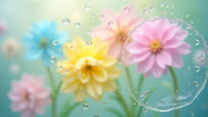 Bright spring flowers on a background of frosted glass with water droplets