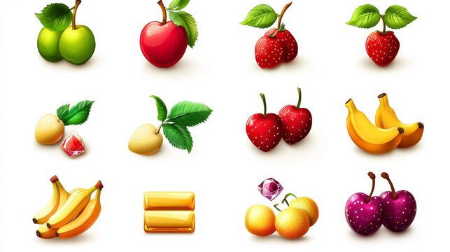 Casino slot machine match game fruit ui icon set. Gambling vector interface asset for classic spin design with cherry, diamond, banana, apple and peach. Isolated gold bar and 777 clipart cartoon