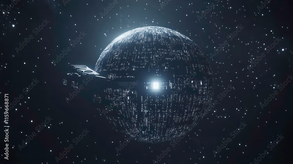 Aufkleber a futuristic space station orbits a glowing planet in a dark, starlit void.