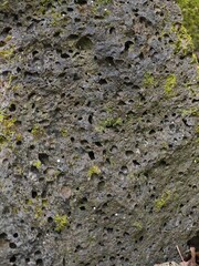 Close-up view of an aged stone surface, likely formed from ancient magma, with a rough, rugged texture and dark coloration