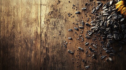 Sunflower seeds scattered on rustic wooden table. (1)