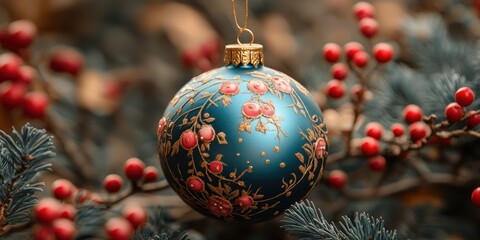 A beautifully ornate blue Christmas ornament adorned with delicate floral patterns and gold accents, nestled among festive red berries and pine branches in a holiday scene.