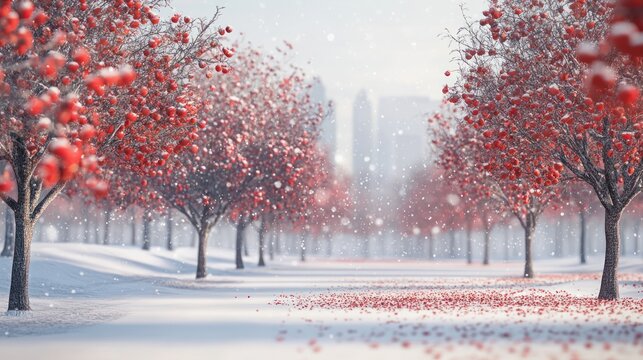 Snowy winter scene with red apples on trees.