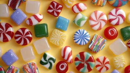 Fototapeta premium Colorful hard candies and sweets on yellow background.