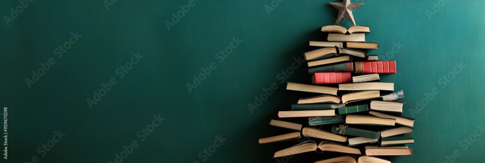 Poster creative christmas tree design made from stacked books on a vibrant green background for a unique ho