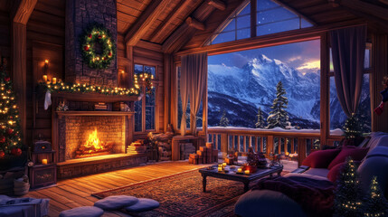 Obraz premium Night winter chalet interior with fireplace and garland vector cartoon illustration. Panoramic hotel apartment living room with terrace and dark mountain view from window. Wooden cottage furniture