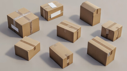 Fototapeta premium Cardboard boxes mockup, 3d vector cargo and parcel packages top, front and bottom view with tape and paper labels. Realistic carton closed packaging for goods, isolated packs for freight shipping