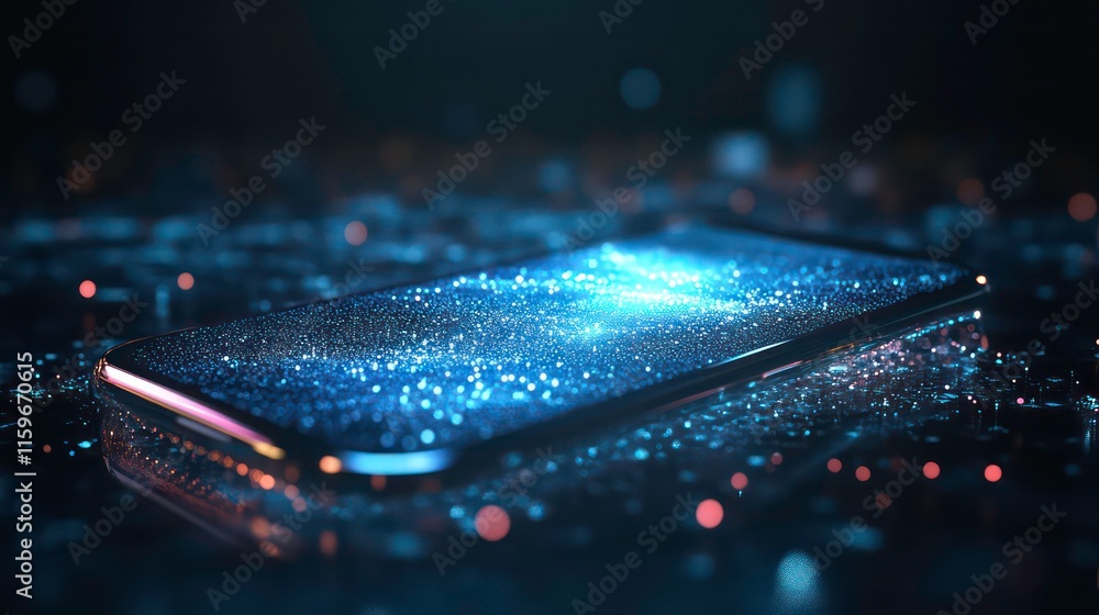 Poster Futuristic smartphone displaying digital data particles.