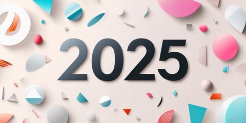 2025 in Black and White Paper Cut-Style Vector Illustration on a Light Grey Background
