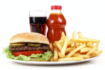 A close-up of a hamburger meal accompanied by french fries and soda.A close-up view of a hamburger plate, including french fries and a soda.Close-up of a meal featuring a hamburger, french fries, and