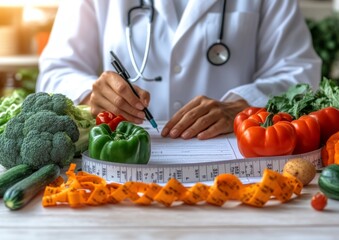 A doctor-nutritionist writes a case history in their office. A young woman dietitian prescribes a recipe.