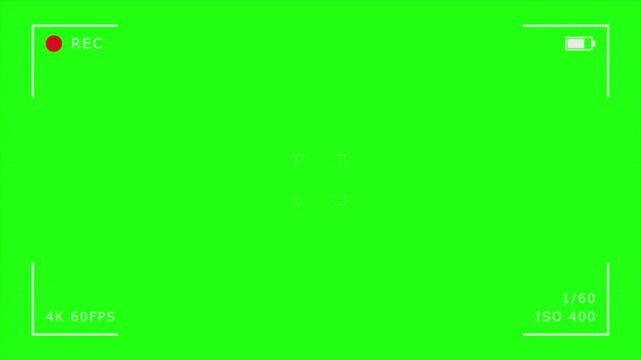 Camera recording screen overlay on green background, mirrorless cam viewfinder frame animation template, digital video recorder user interface display with setting and time data for production design