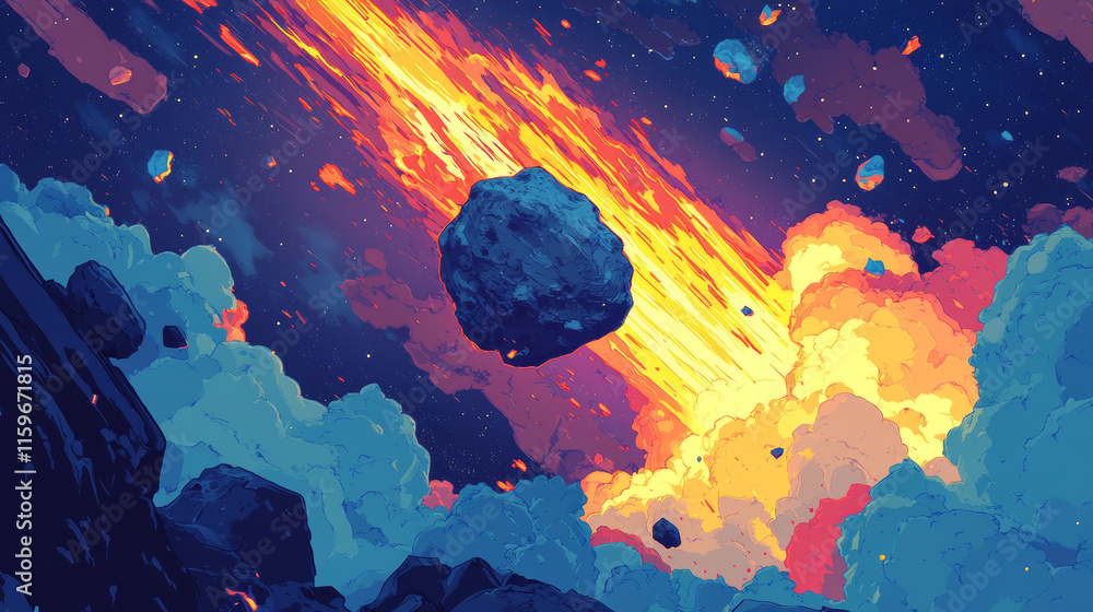 Poster sprite set of asteroid falling with fire trail isolated on dark background. cartoon vector illustrat