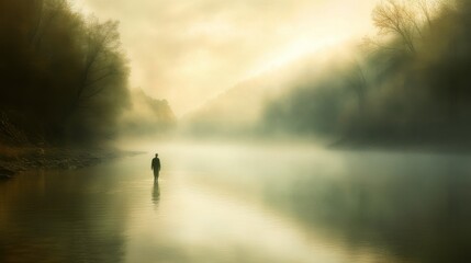 Fototapeta premium Serene Walk Along the Riverbank in Soft Light