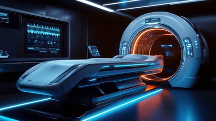 Futuristic medical scanning room with patient bed and advanced technology.