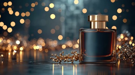This image features a luxurious perfume bottle set against a backdrop of shimmering lights, creating an elegant and inviting atmosphere.