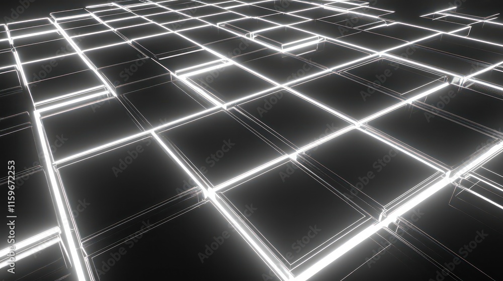 Leinwandbilder Abstract 3D rendering of glowing white lines forming a grid of dark squares, creating a futuristic or technological background.