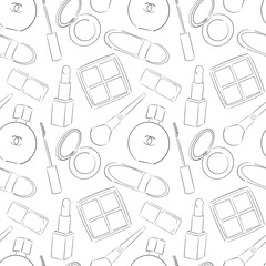 seamless pattern with silhouettes of cosmetics on a white background